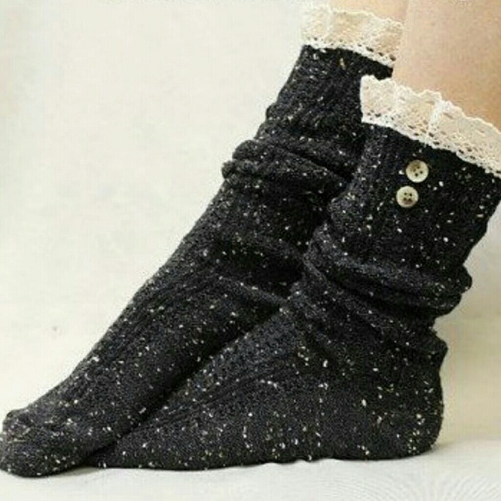 Black Lace Trim Speckled Ankle Boot Button Socks